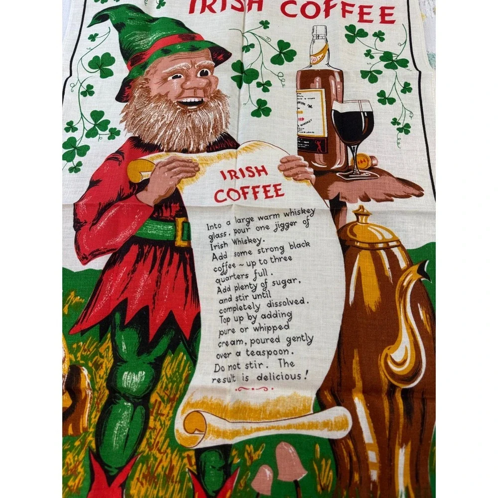 Vintage Irish Coffee Tea Towel Pure Linen Made in Ireland Leprechaun Recipe
